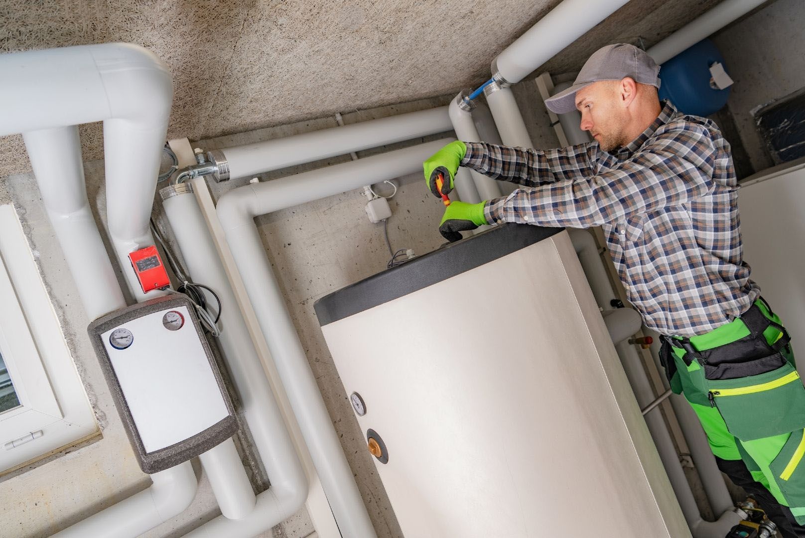 A man is working on a water heater in a basement.