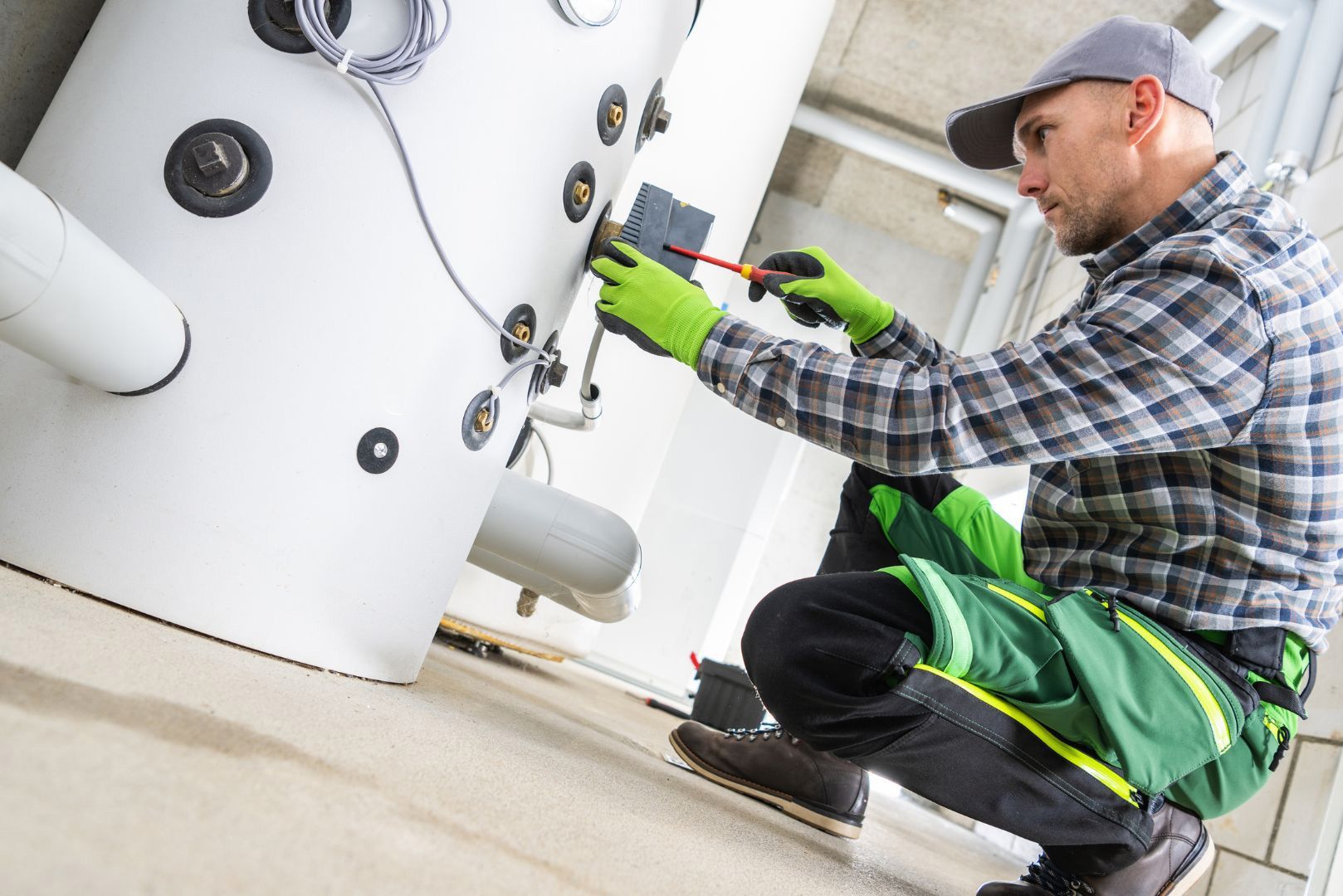 A man is working on a heater with a screwdriver.