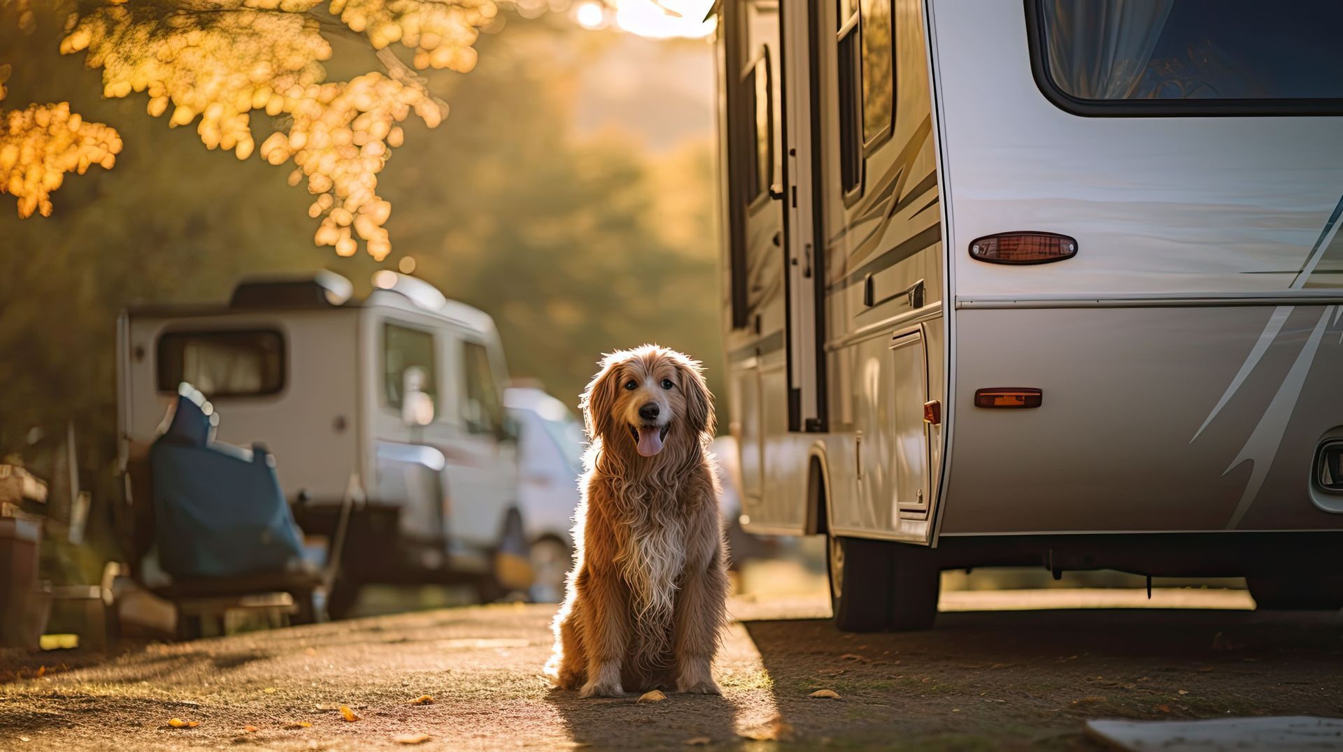 Golden-haired dog sits by RV in a sunny campsite, looking toward the camera.