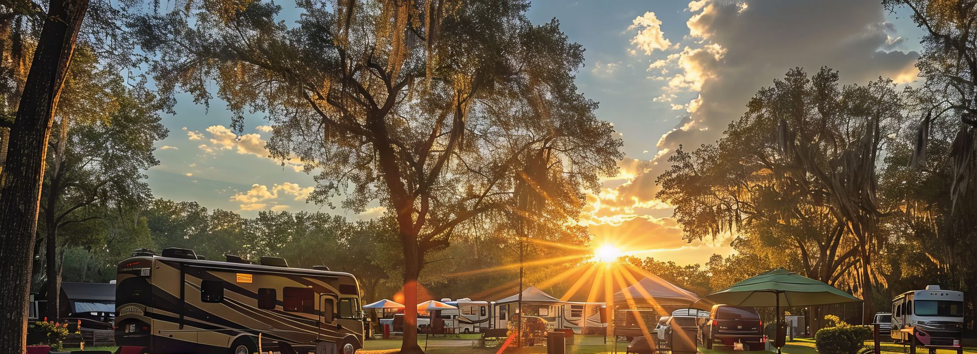 Camping scene at sunset; RVs, trees, and tents under a colorful sky with sun rays.