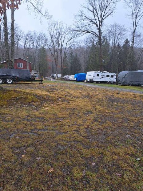 Rural campsite with RVs and trailers along a muddy road under bare winter trees