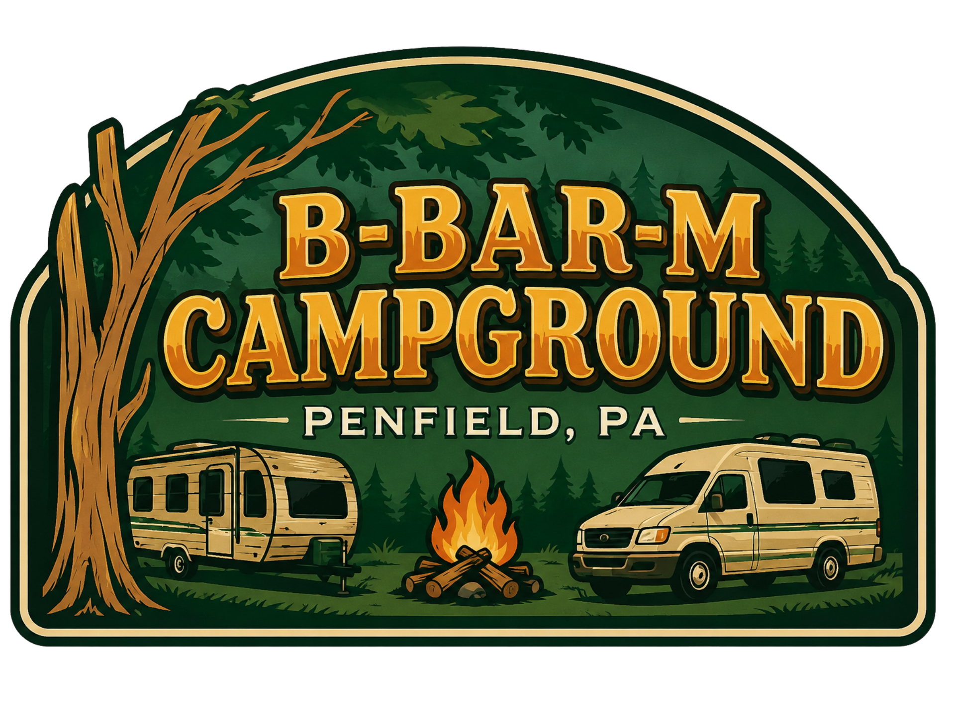 B-Bar-M Campground sign with tent, RV, and van in green and gold, Penfield, PA
