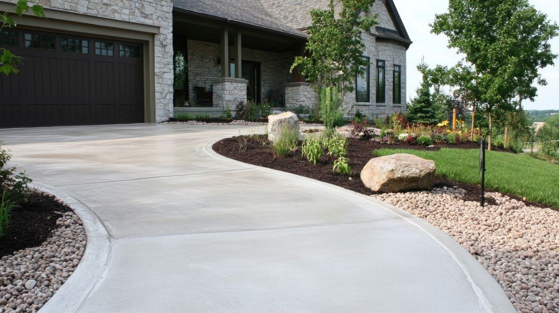 Concrete driveway curves toward a house, with landscaping featuring rocks and greenery.
