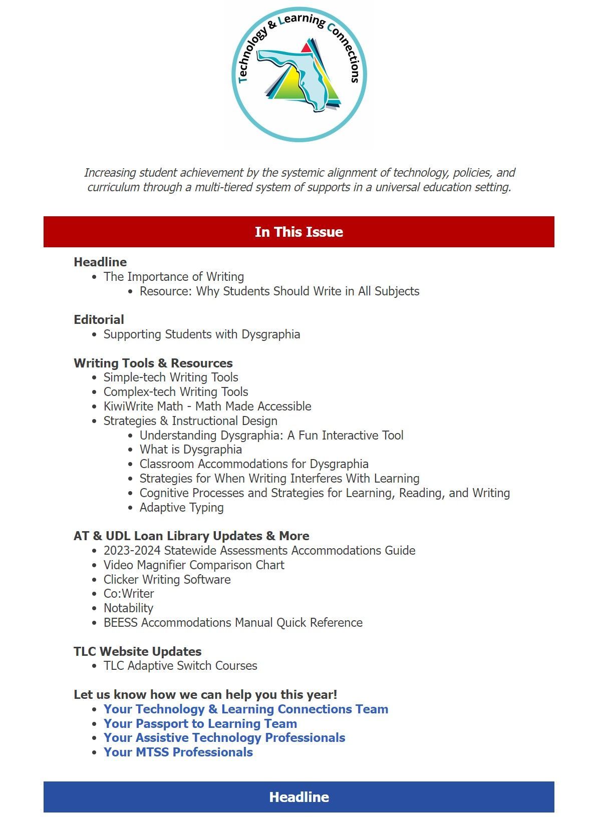 screenshot of a technology and learning connections newsletter