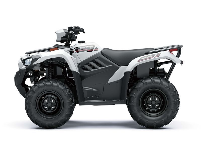 White and black ATV with black wheels, shown in profile.