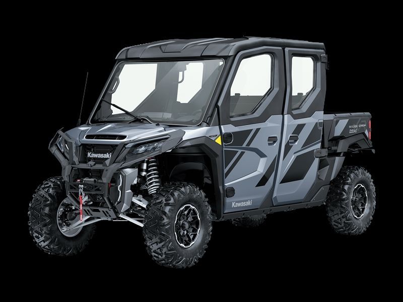 Gray Kawasaki side-by-side UTV with four doors on black background, showcasing vehicle design.