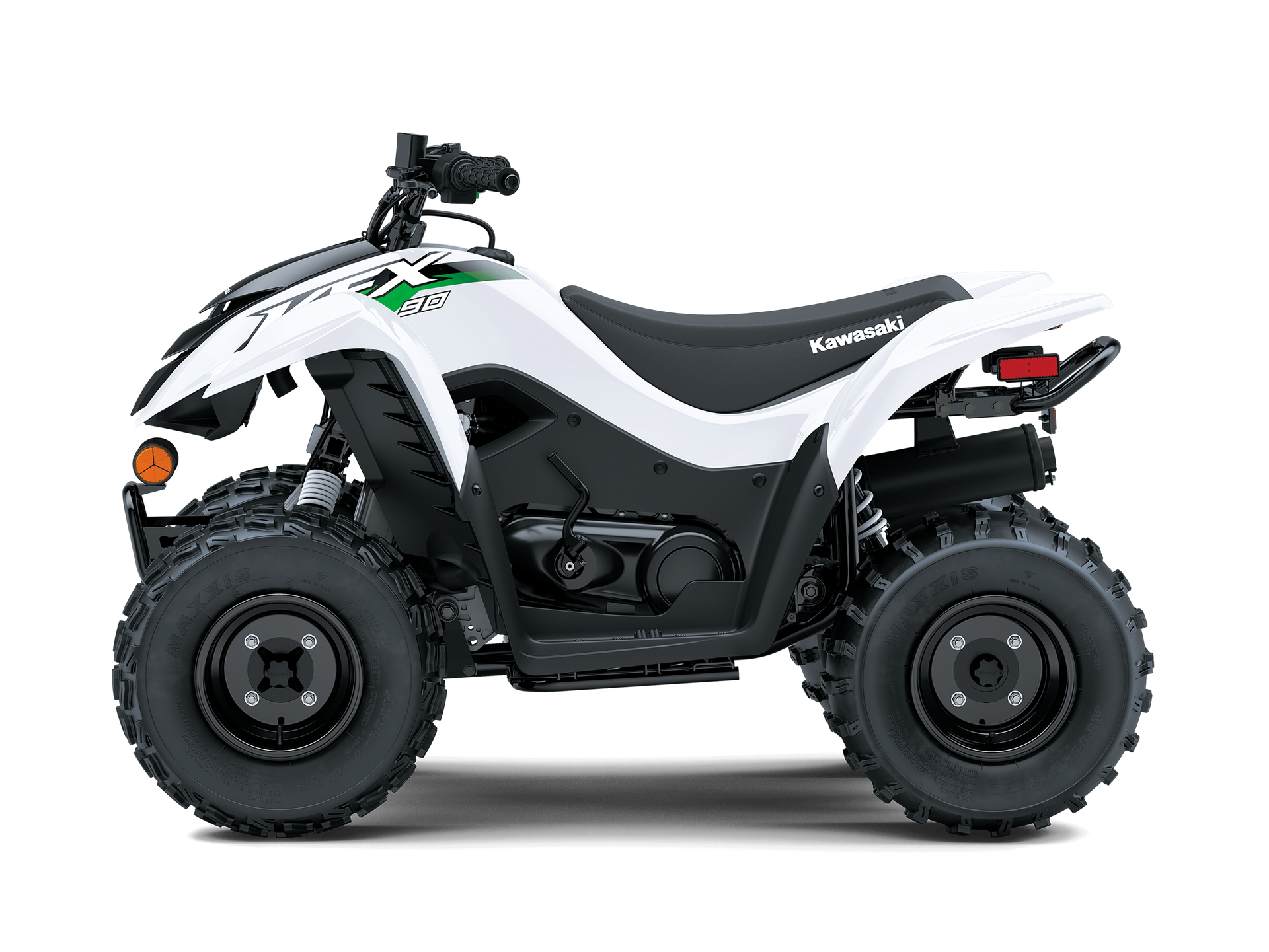 White and black Kawasaki youth ATV with black wheels and tires.