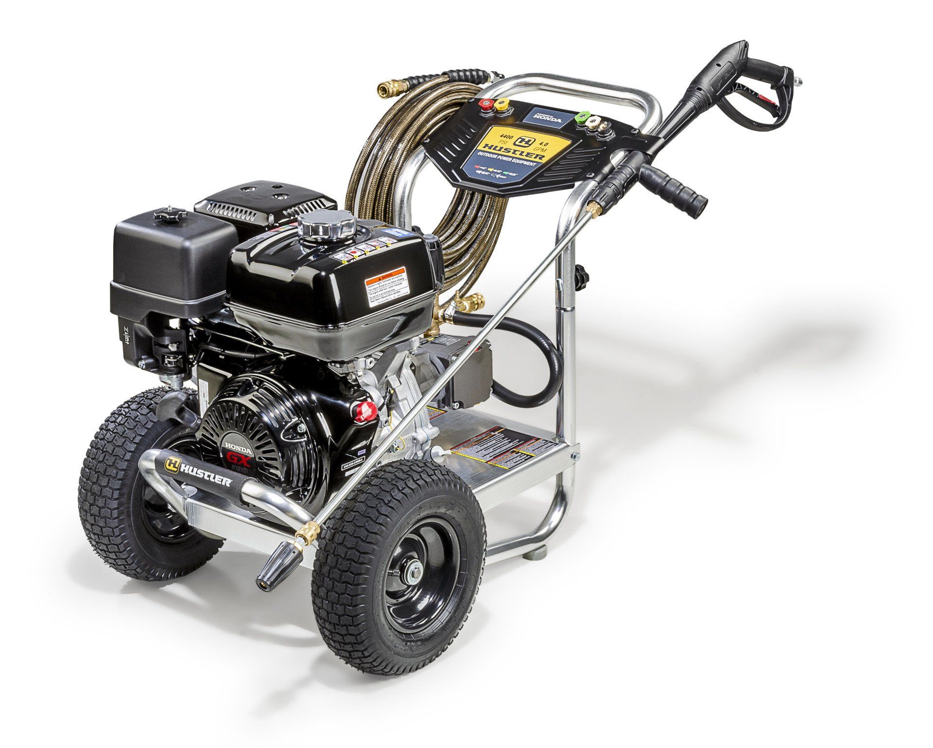 Gas-powered pressure washer on a metal frame with black tires and engine, sitting on a white background.
