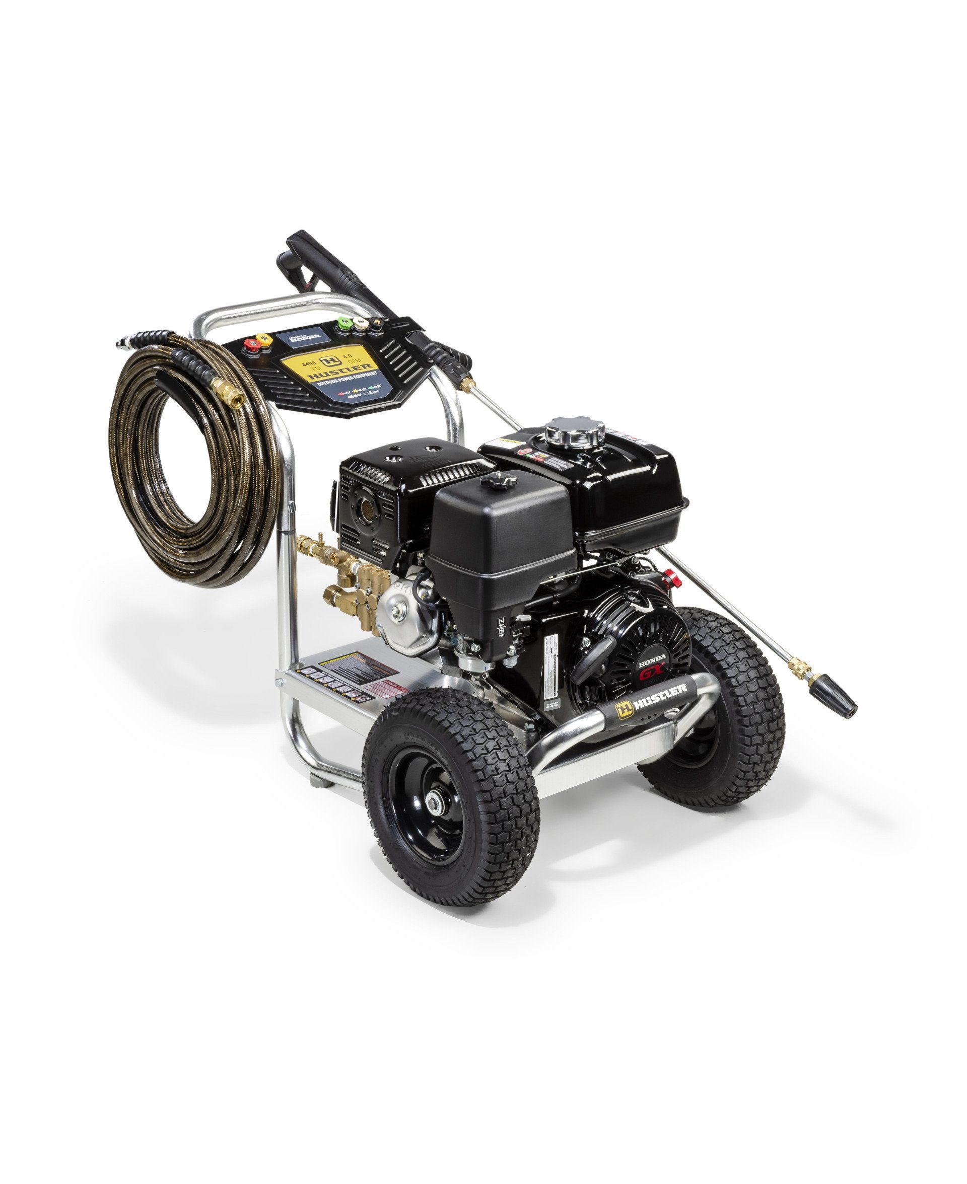 Gas-powered pressure washer with black engine, silver frame, and black wheels on white background.