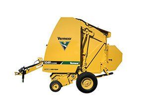 Yellow Vermeer 504R silage baler on a white background.