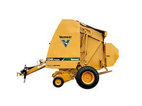 Yellow Vermeer 504R round hay baler machine on a white background.