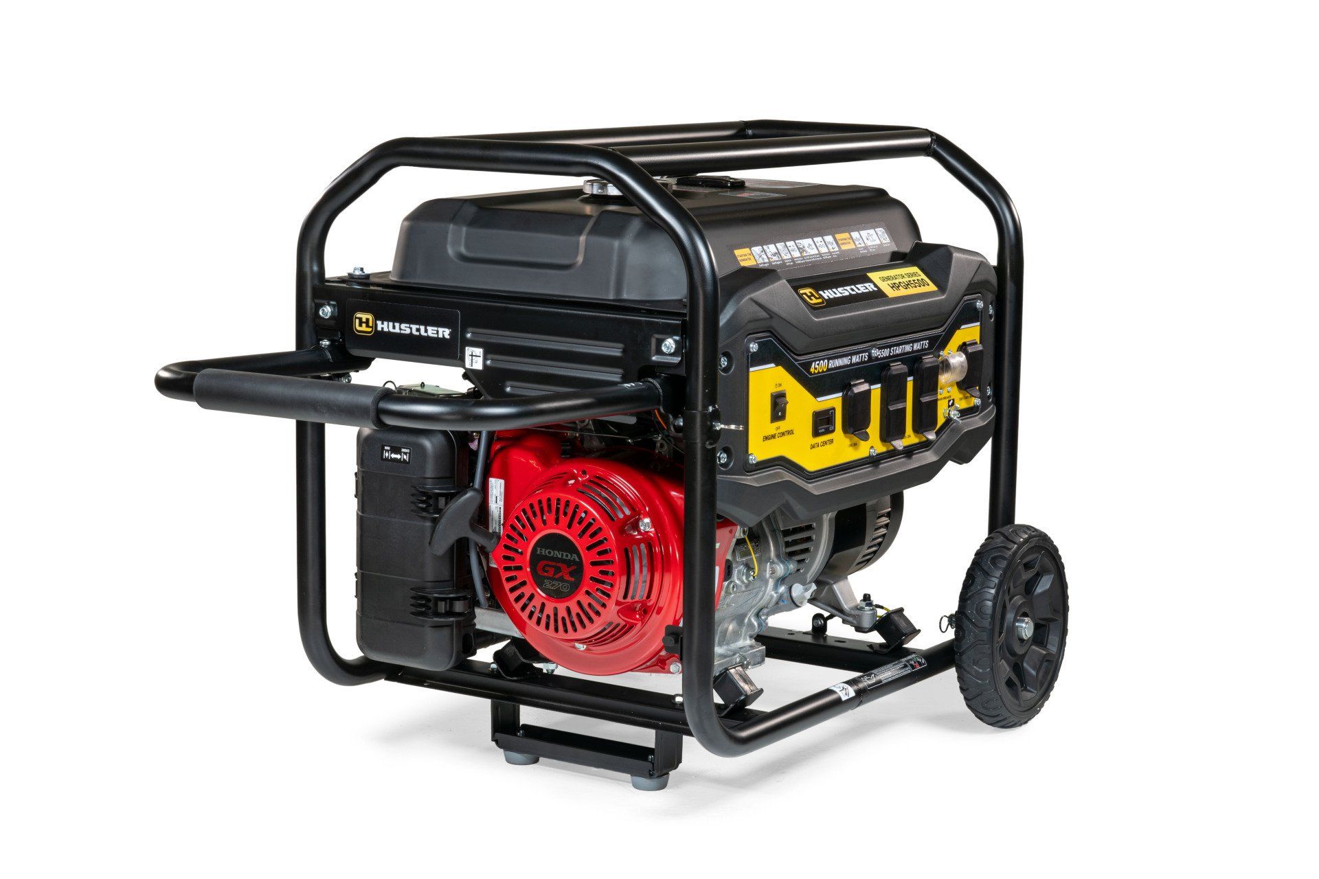 Black and yellow portable generator with red engine, black wheels, and safety cage.