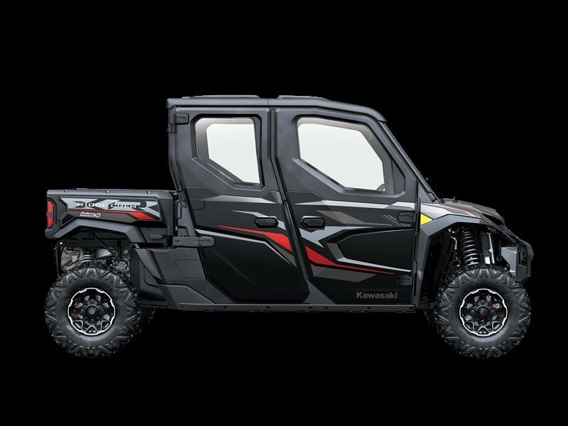 Black Kawasaki UTV side view, four doors, red accents, black wheels, against a black background.
