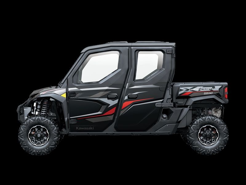 Black and gray side-view of a four-door utility vehicle with red accents, large tires, and a cargo bed against a black background.