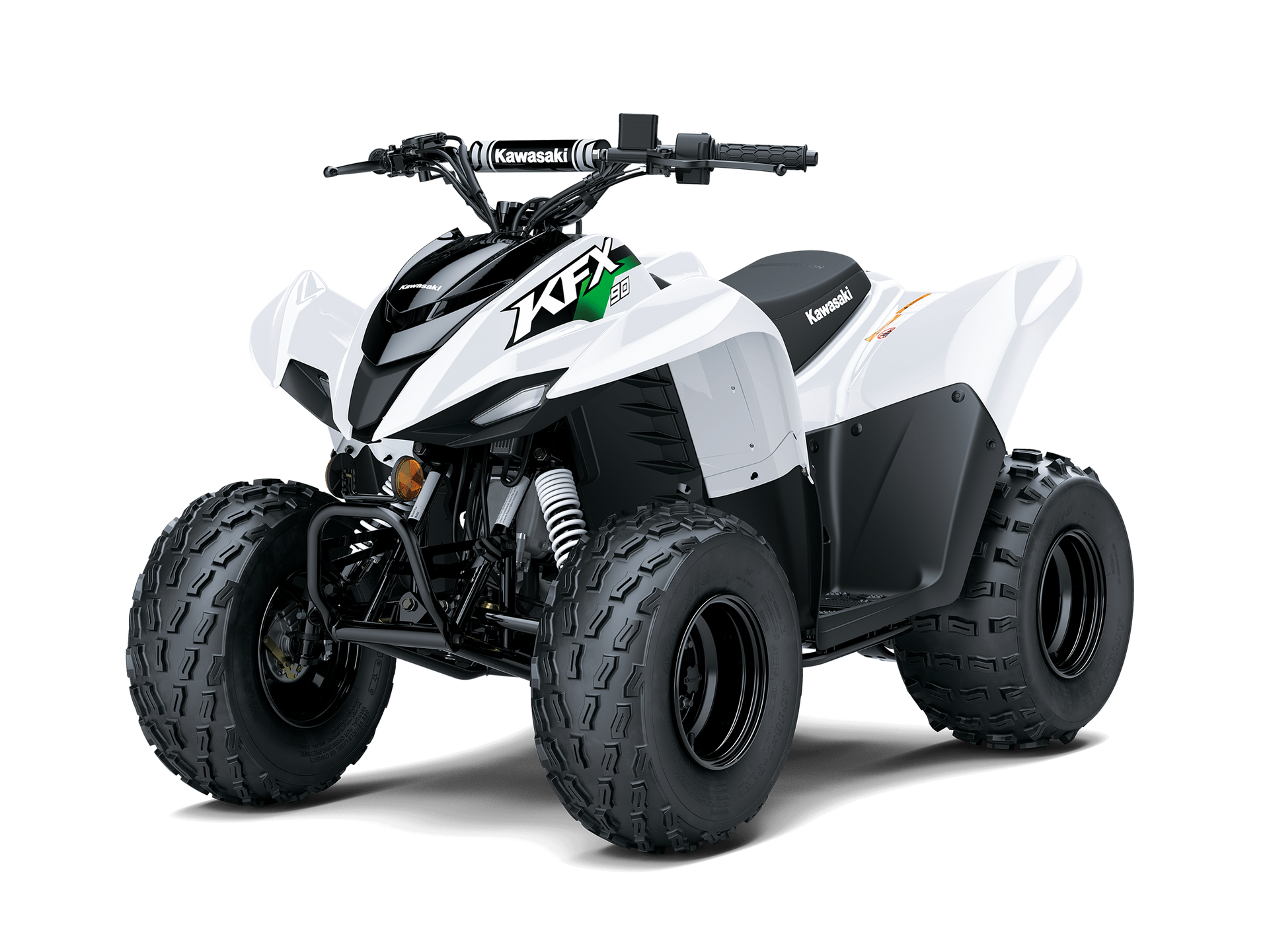 White and black Kawasaki youth ATV with black tires on a white background.