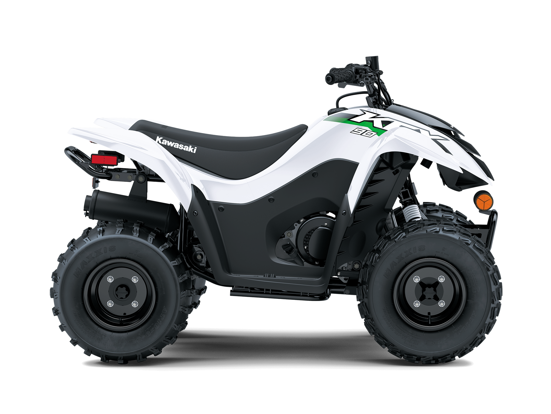 White and black Kawasaki youth ATV, side view.