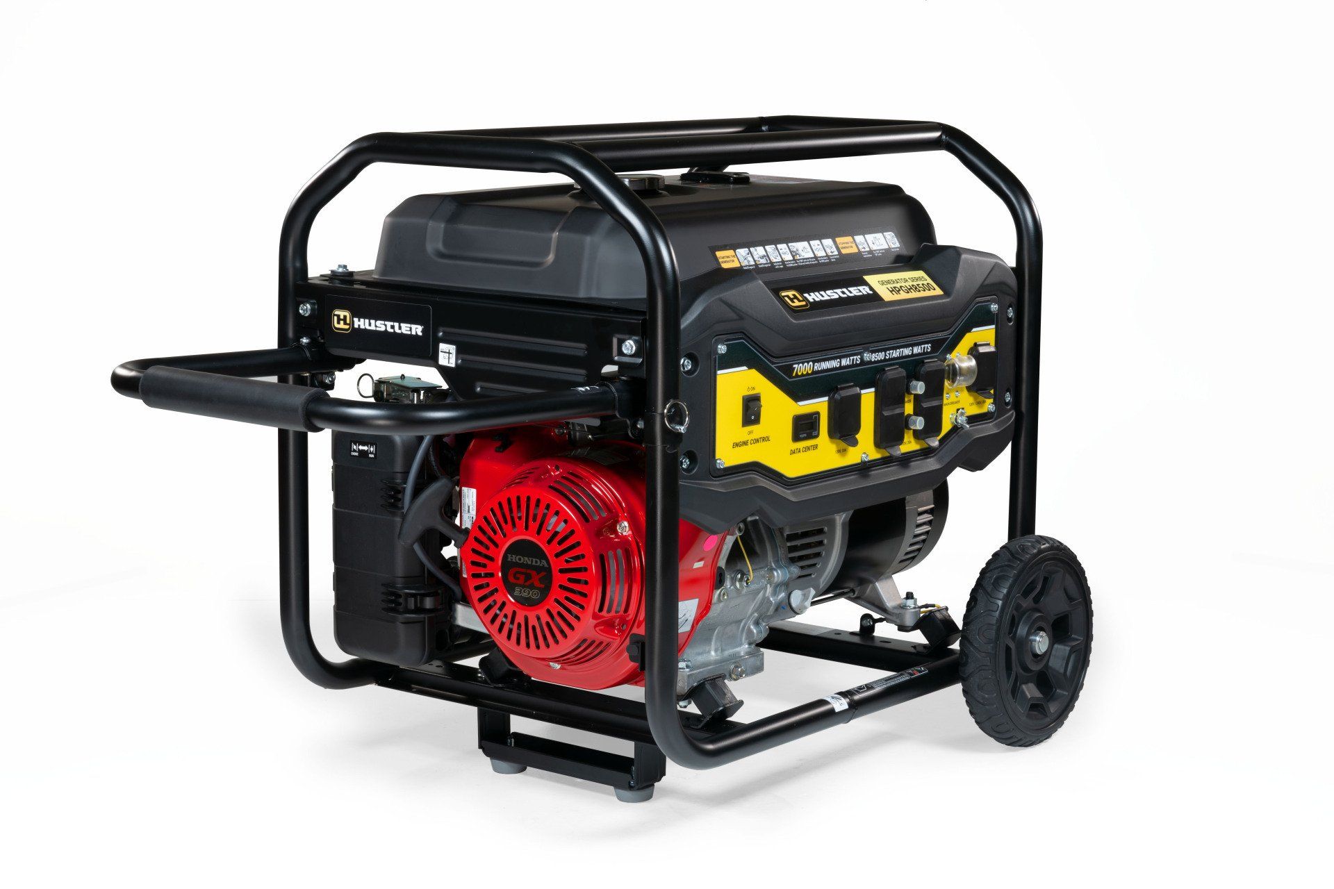 Black and yellow Champion generator with red engine, black frame, and one wheel.