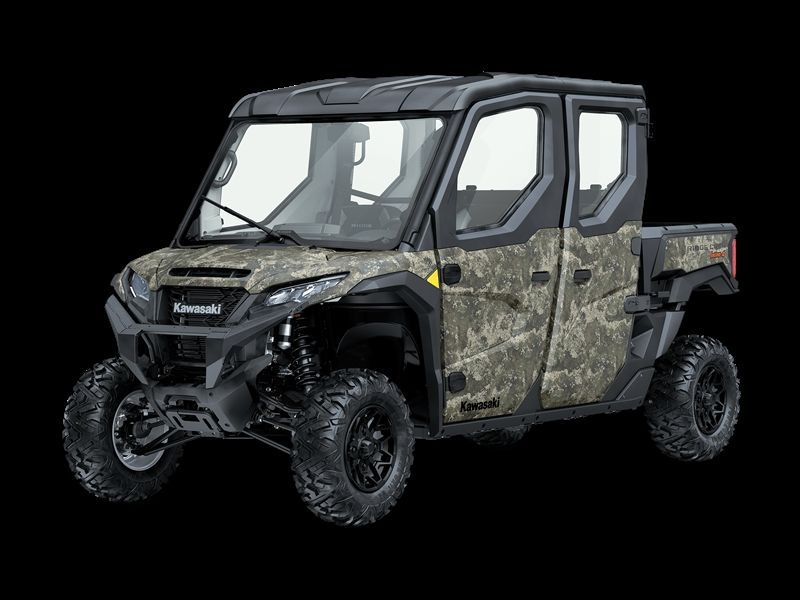 Kawasaki camo-patterned utility vehicle with a cab, on a black background.