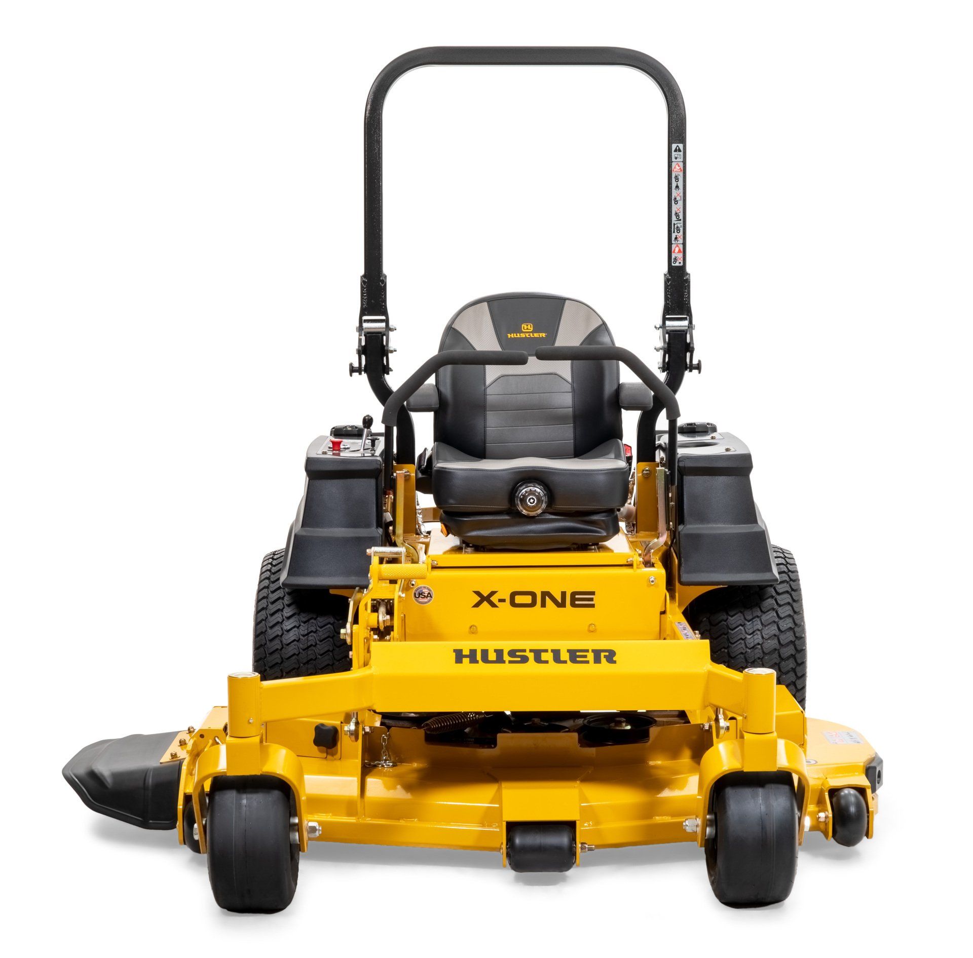 Yellow Hustler X-One zero-turn mower on a white background. Black roll bar, seat, and tires.