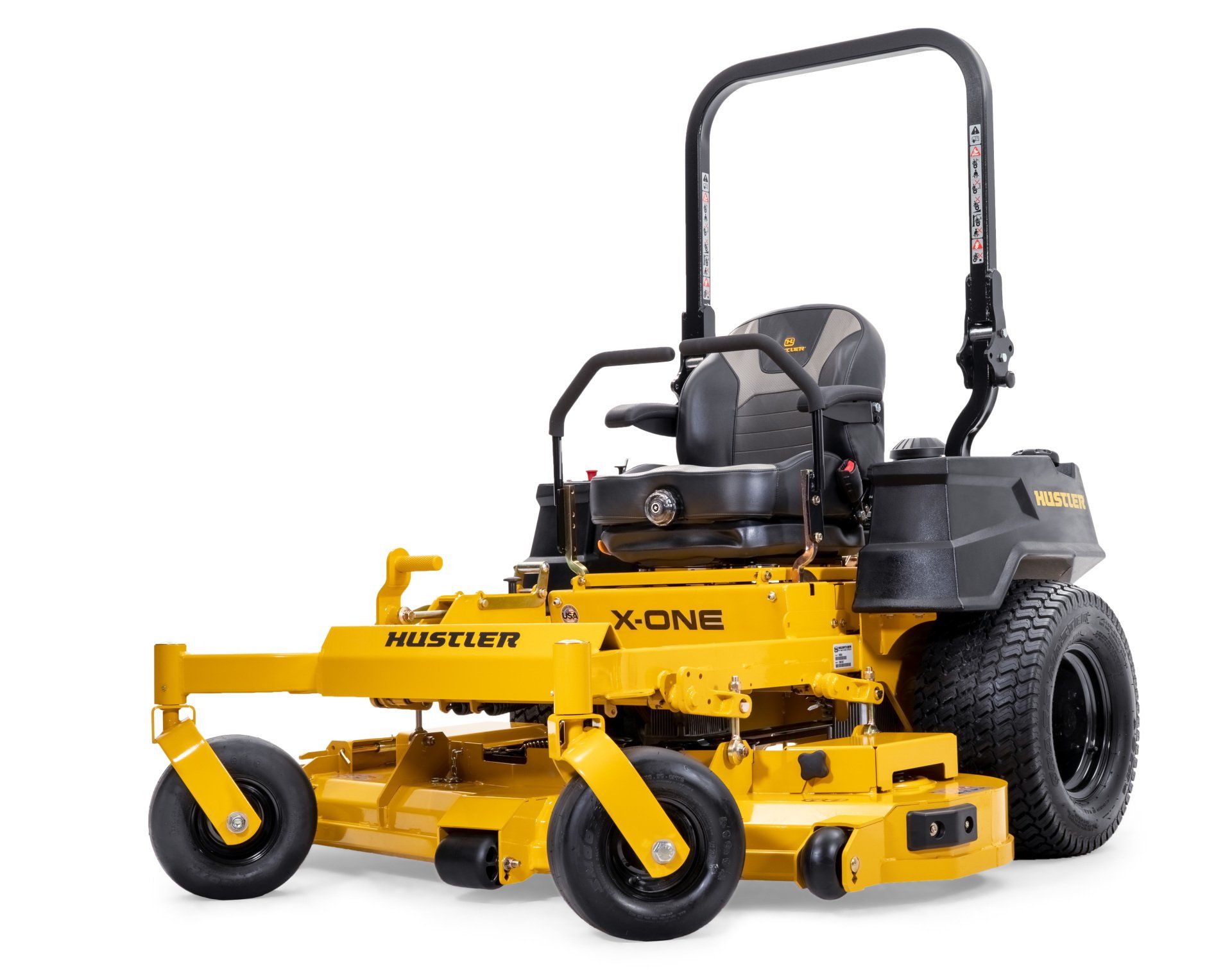 Yellow Hustler X-One zero-turn lawnmower on a white background. It has a black seat and roll bar.
