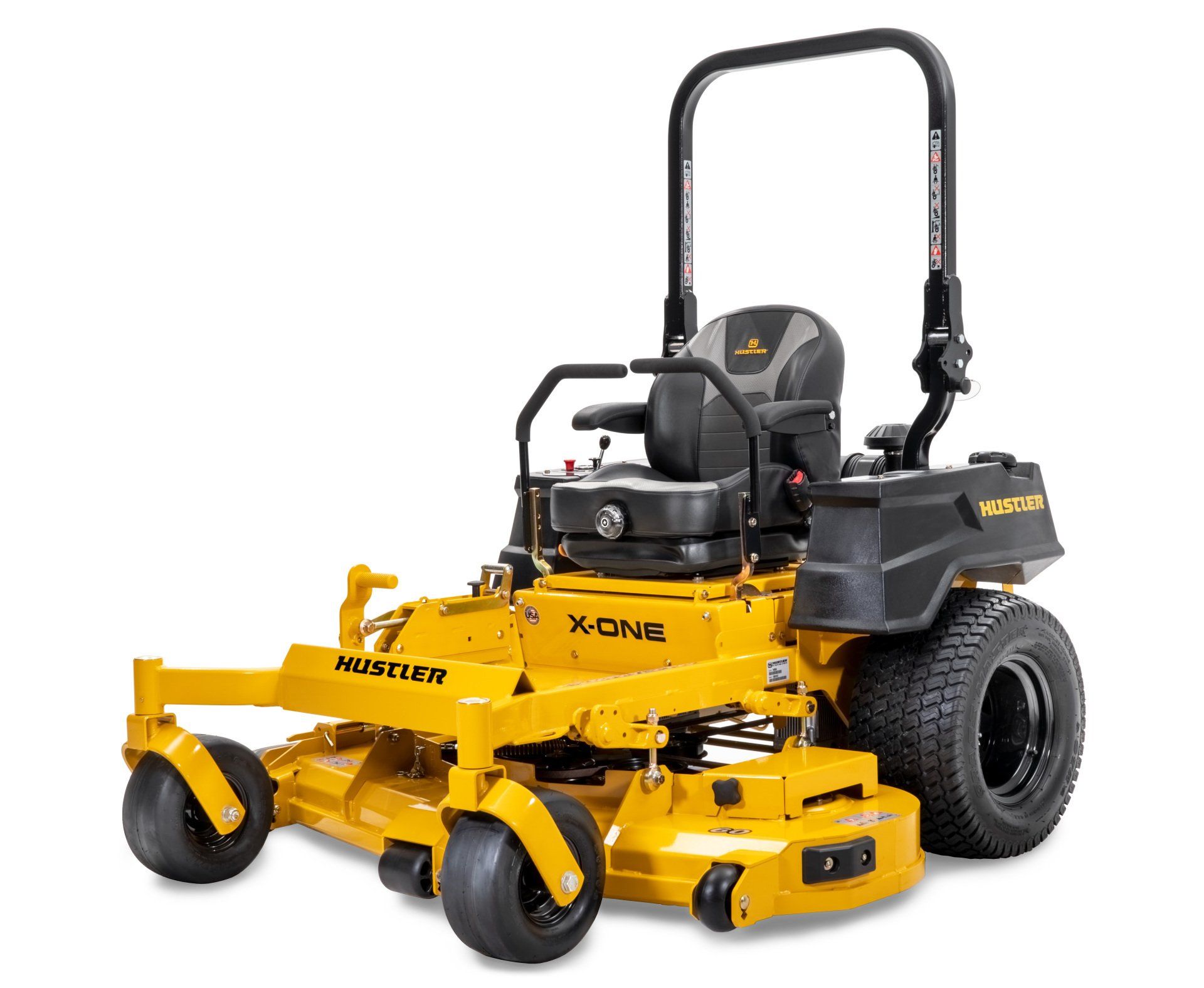 Yellow and black commercial zero-turn lawn mower on a white background.
