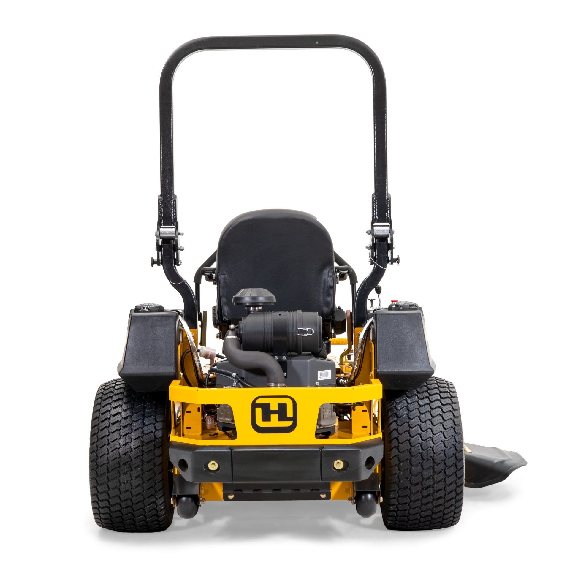 Yellow and black zero-turn lawnmower with roll bar, front view.