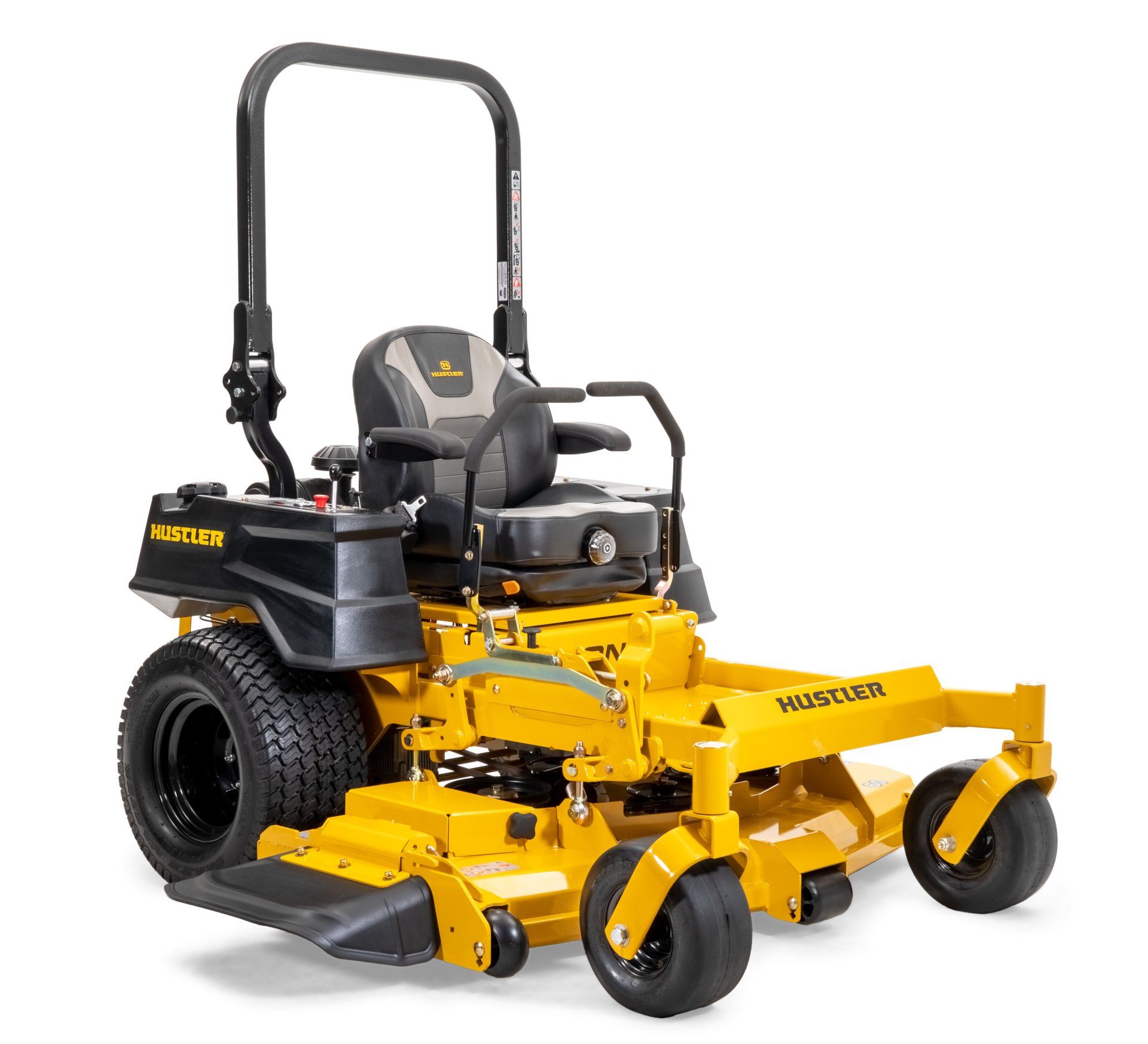 Yellow Hustler zero-turn lawnmower on a white background.