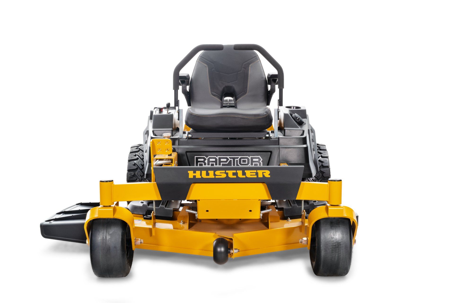 Yellow Hustler Raptor zero-turn riding lawnmower on a white background.