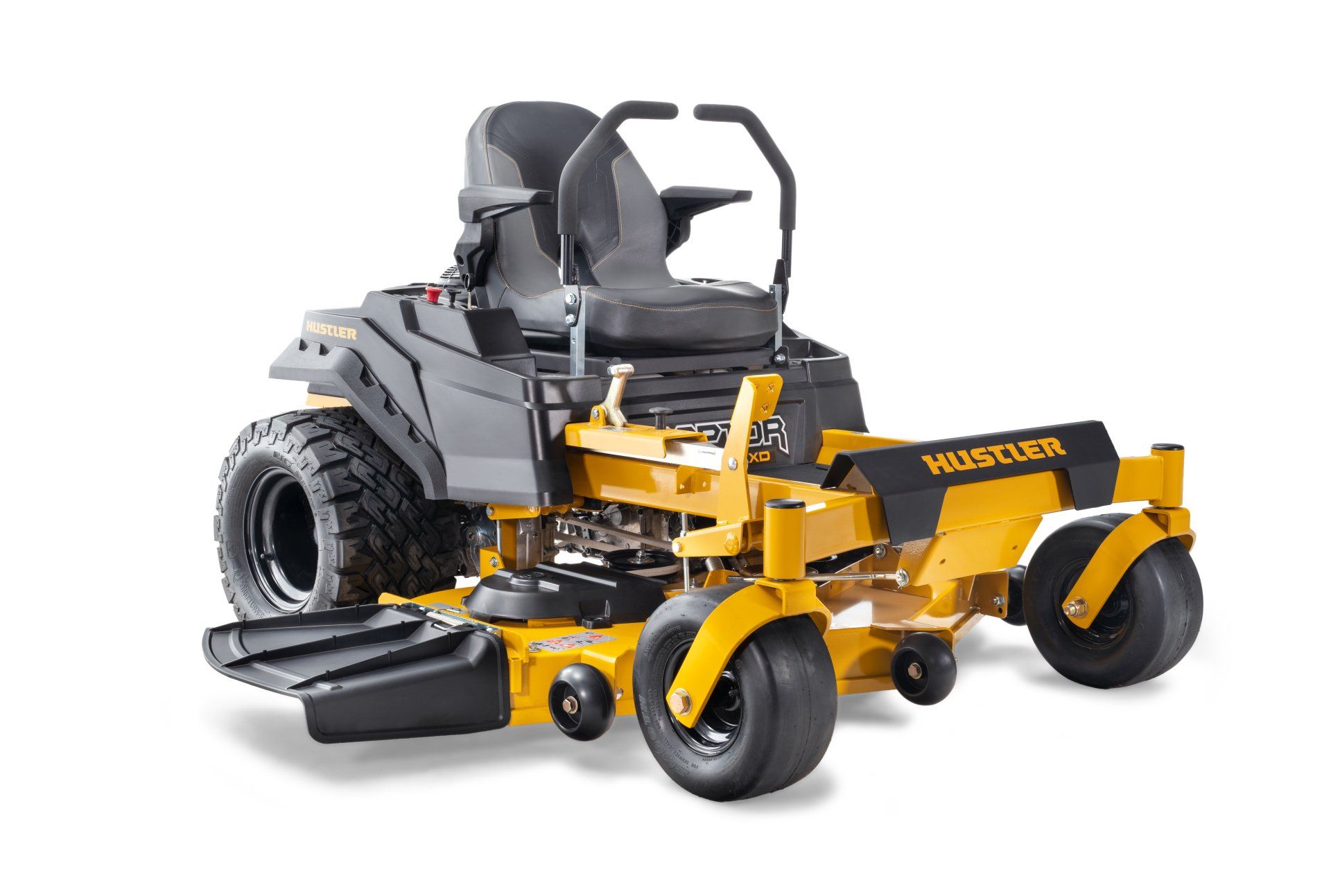 Yellow and black Hustler zero-turn lawn mower on a white background.