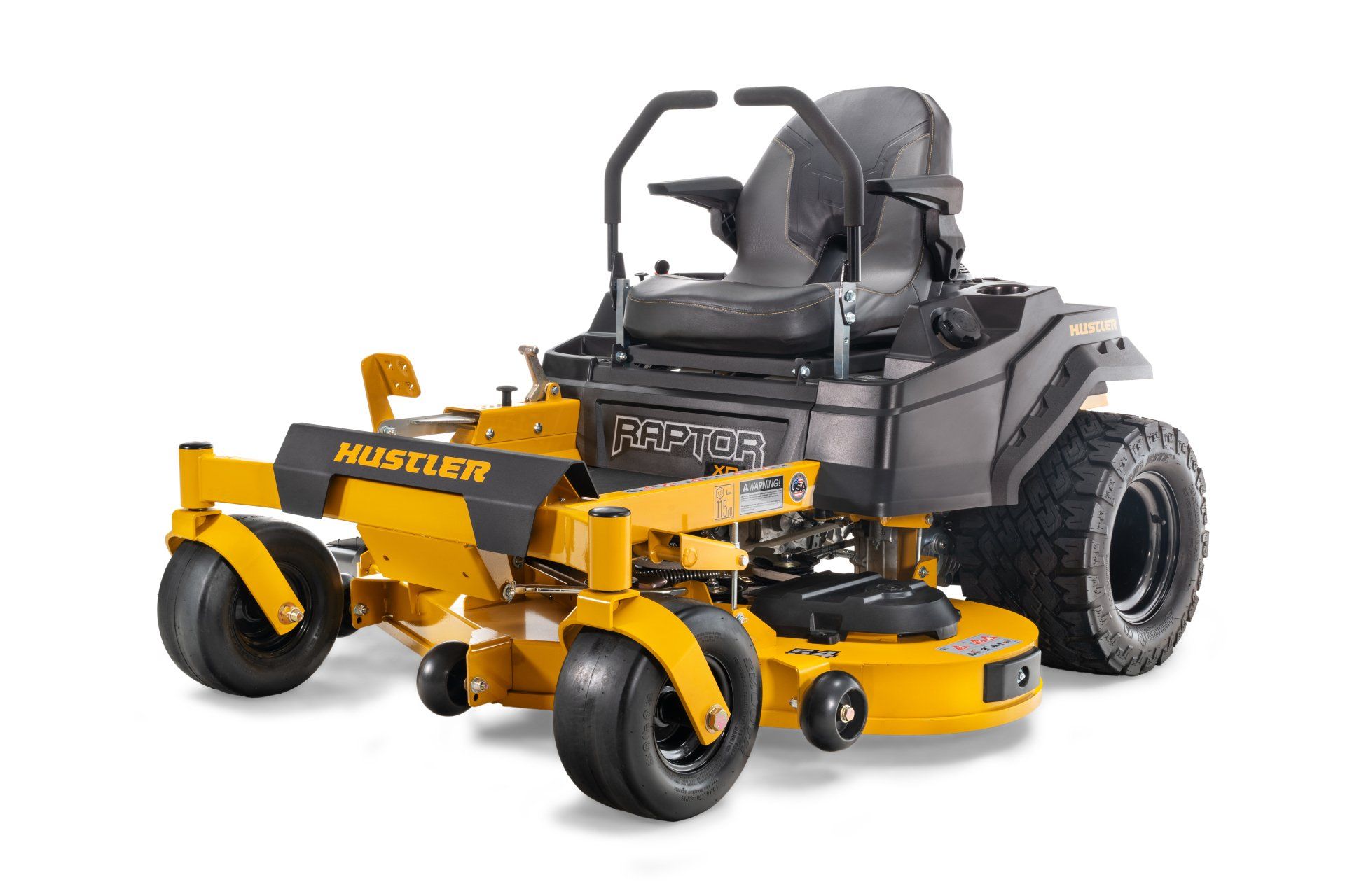Yellow and black Hustler zero-turn lawnmower on a white background.
