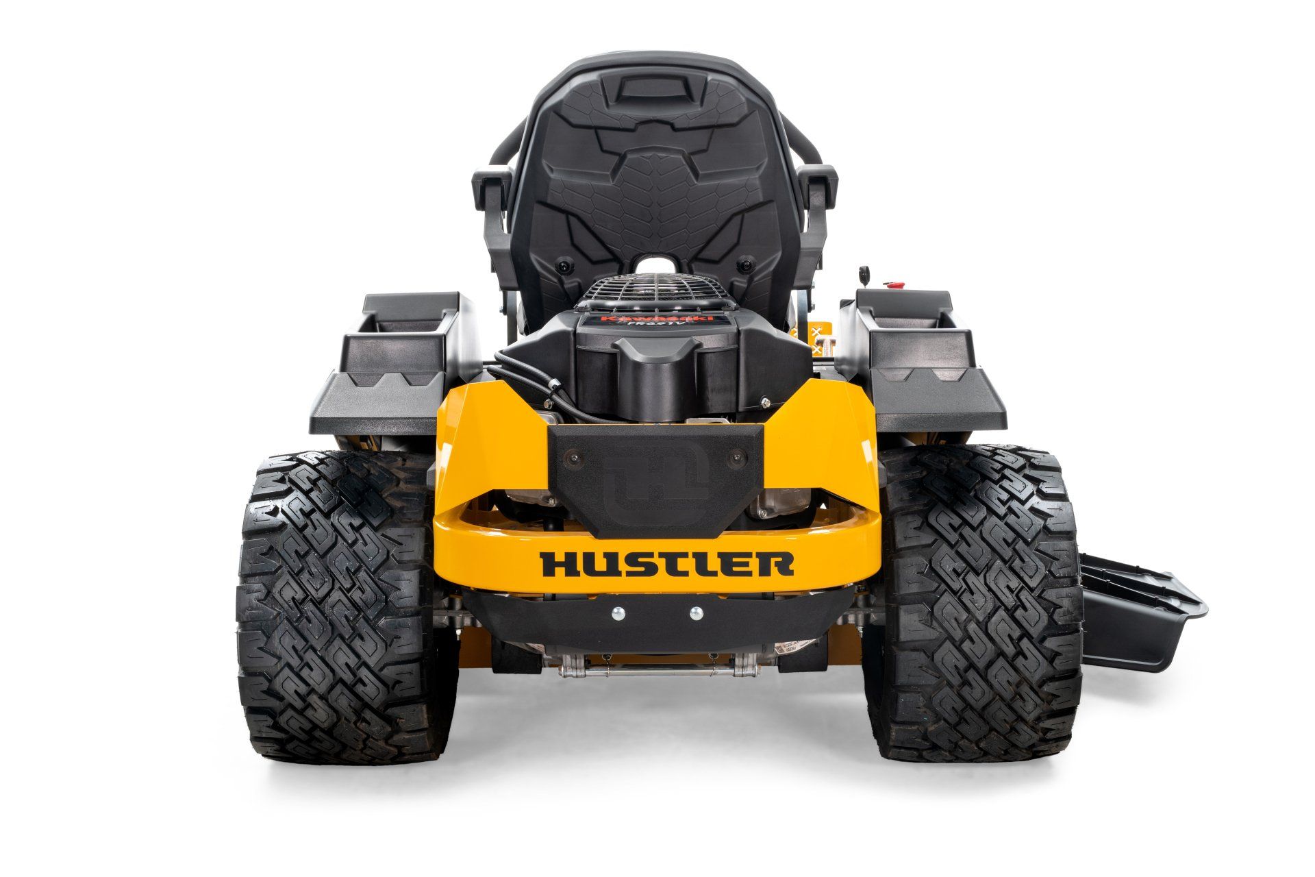 Yellow and black Hustler zero-turn lawn mower, from a front-facing perspective, with large treaded tires.