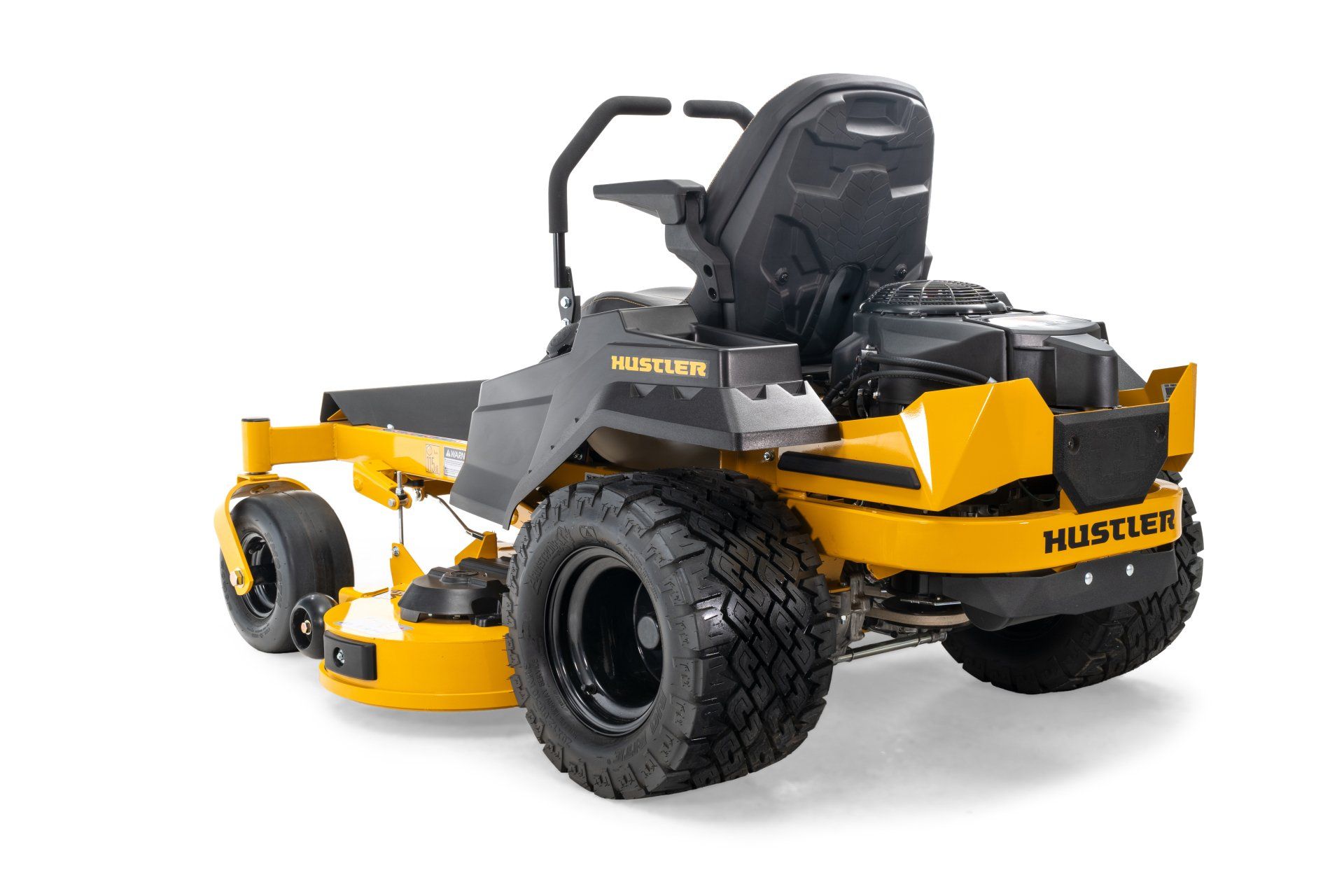 Yellow Hustler zero-turn lawn mower on a white background.