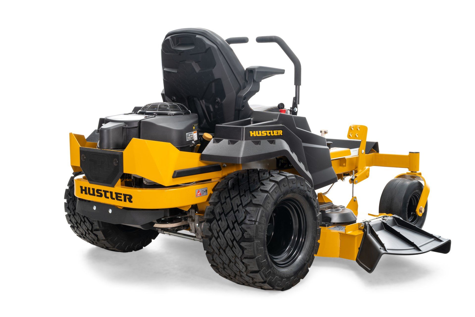 Yellow and black Hustler zero-turn lawn mower on a white background.