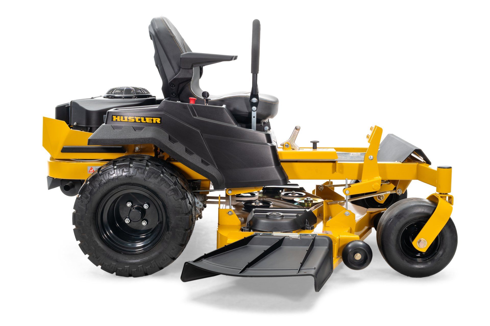 Yellow and black zero-turn lawnmower on a white background.