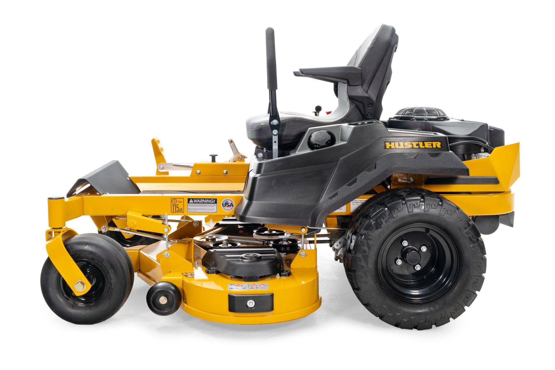 Yellow Hustler zero-turn lawn mower on a white background. Features a black seat and tires.