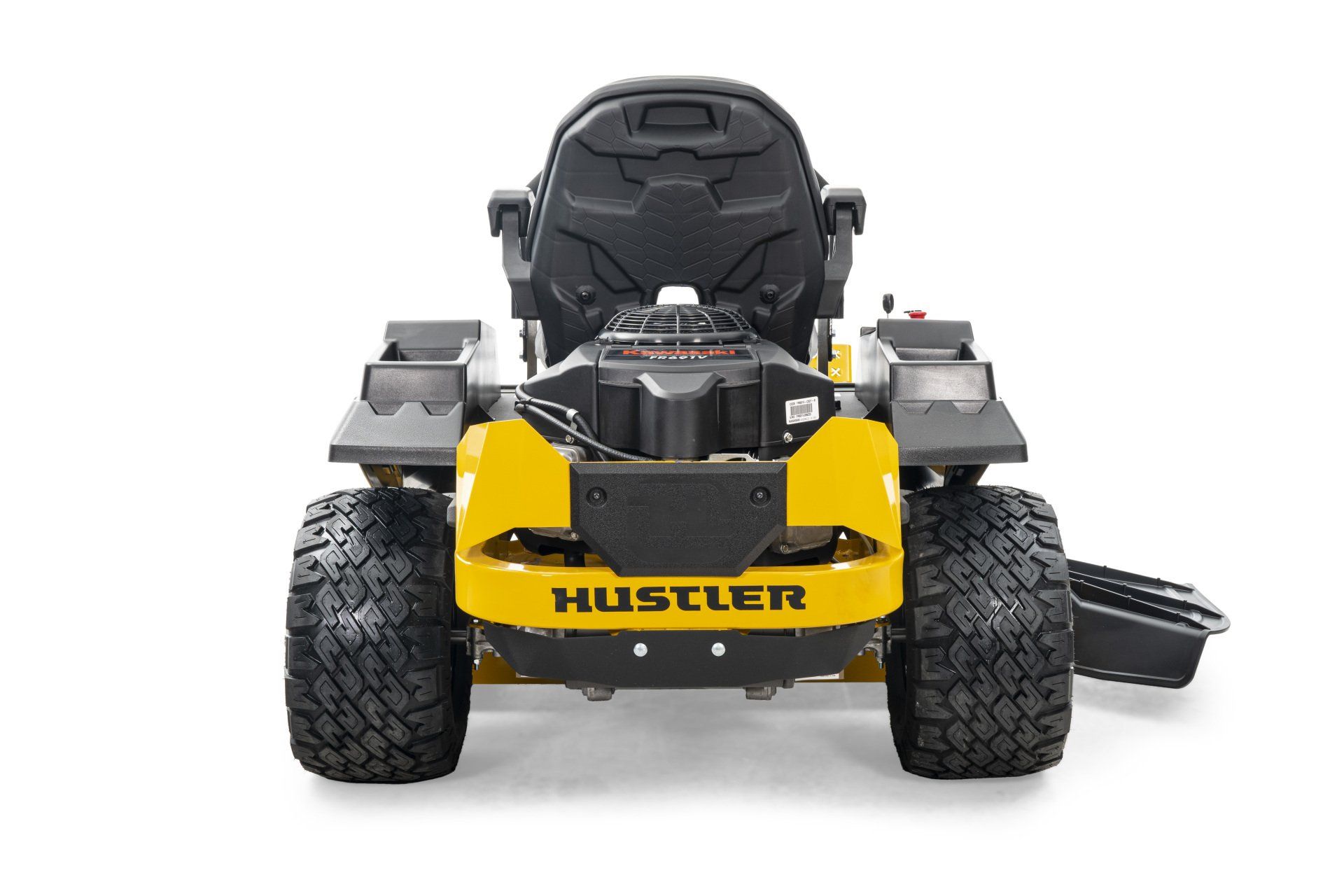 Yellow and black Hustler zero-turn lawn mower, front view.
