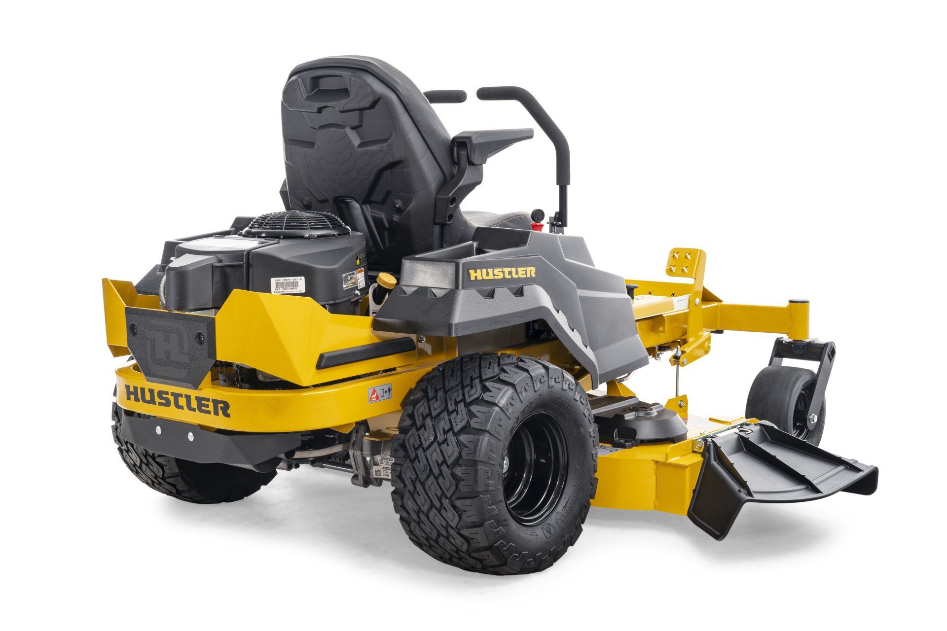 Yellow and black Hustler zero-turn lawn mower on a white background, angled view.