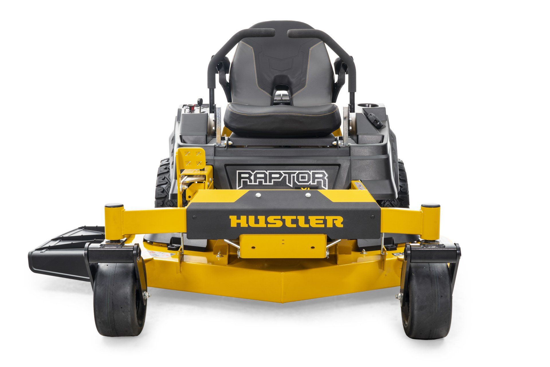Yellow Hustler Raptor zero-turn lawn mower, front view, black seat, and Hustler logo.