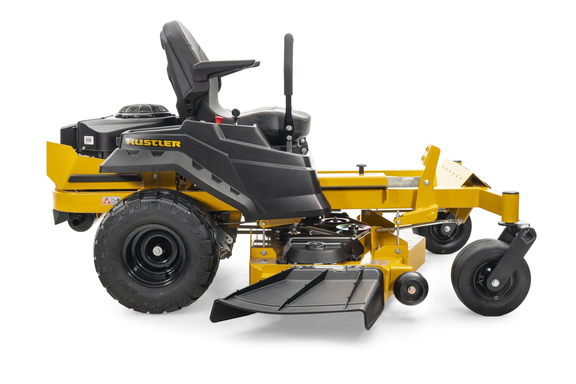 Yellow and black zero-turn lawn mower on a white background.