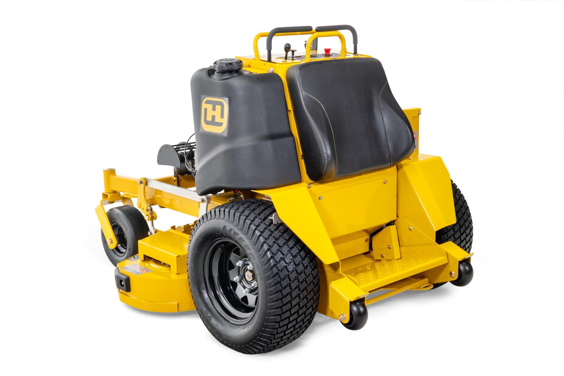 Yellow commercial zero-turn lawn mower with black tires and seat, on a white background.