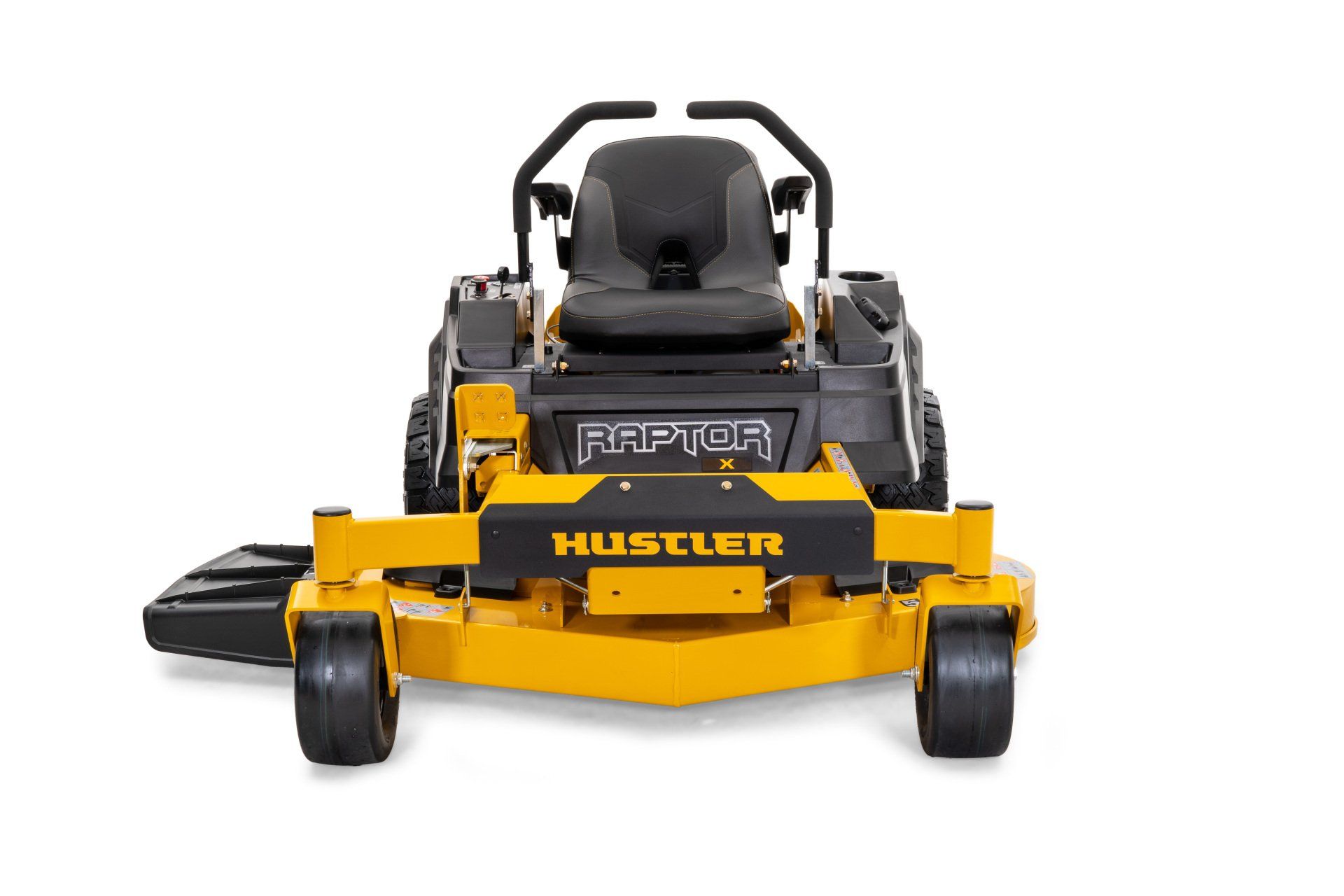 Yellow Hustler Raptor zero-turn lawn mower on a white background.