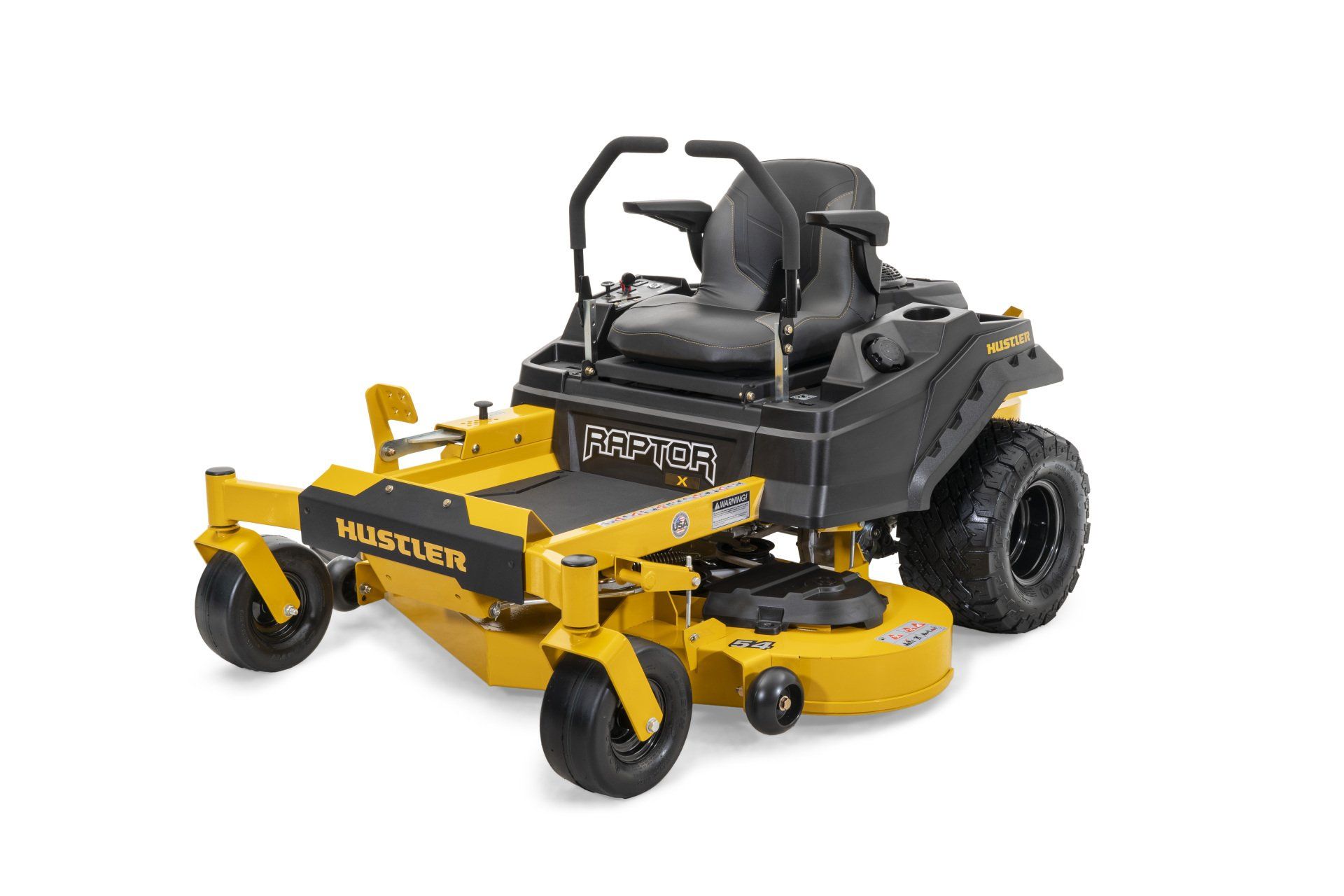 Yellow and black Hustler zero-turn lawn mower on a white background.