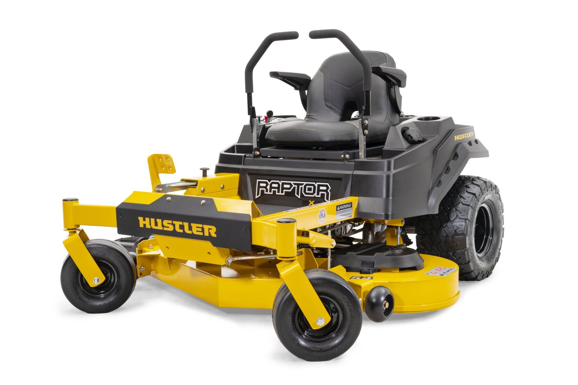 Yellow and black Hustler Raptor zero-turn riding lawn mower on a white background.
