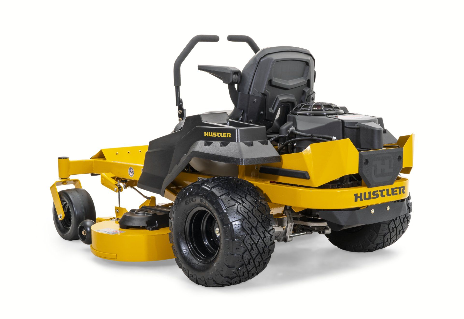 Yellow Hustler zero-turn lawn mower on a white background.