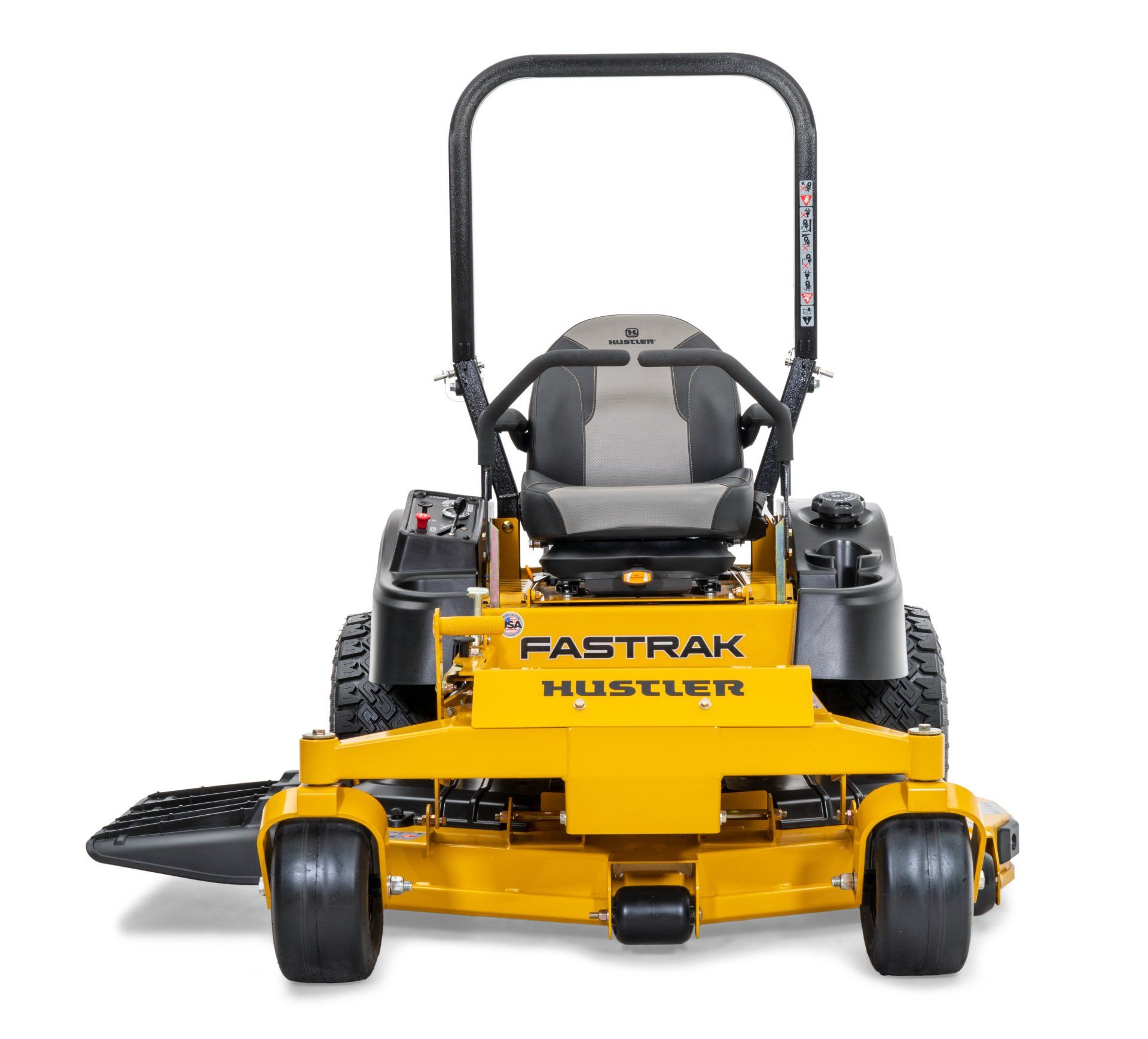 Yellow Hustler Fastrak zero-turn mower with black seat, handle, and tires, on a white background.