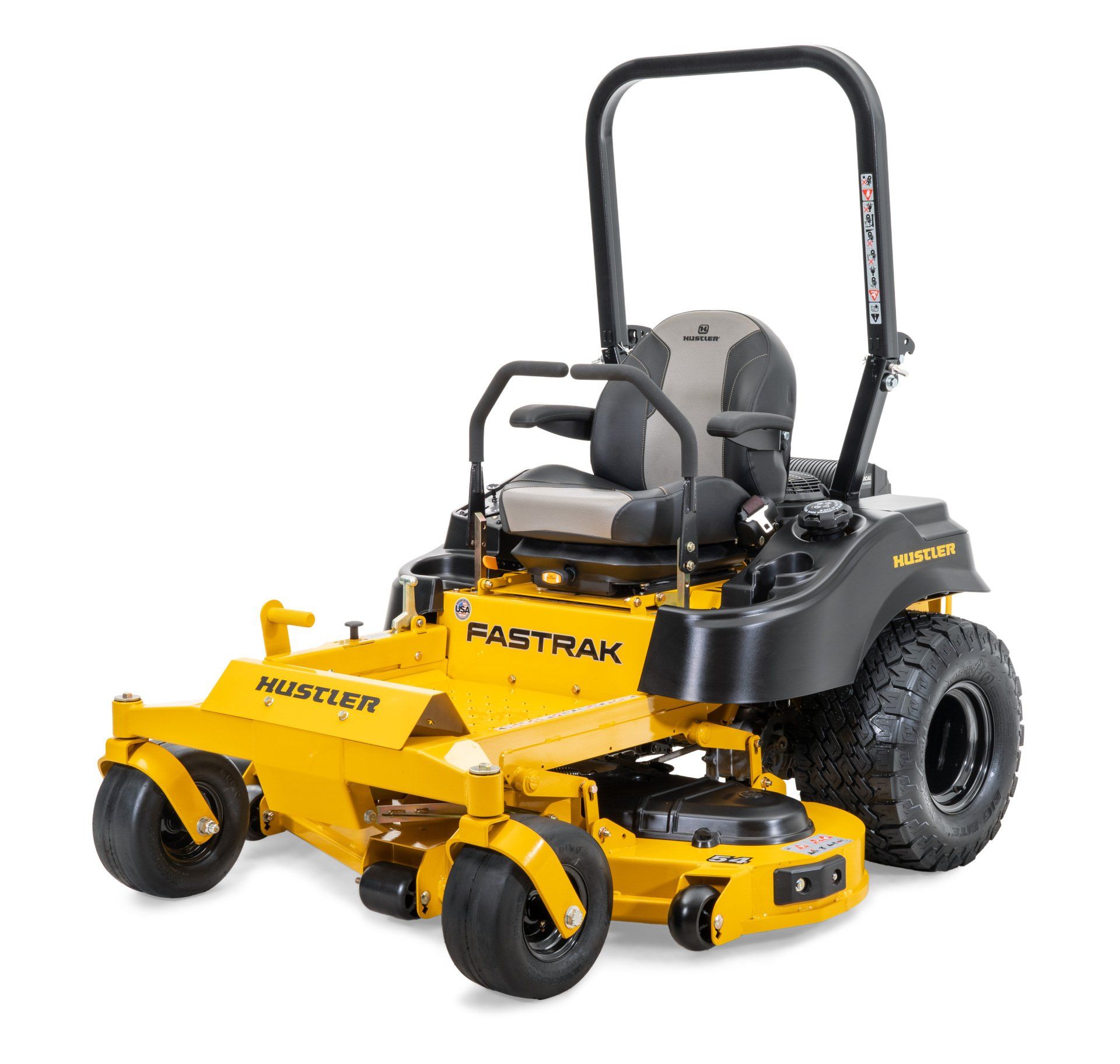 Yellow Hustler PasTrack zero-turn lawnmower with black accents, on a white background.