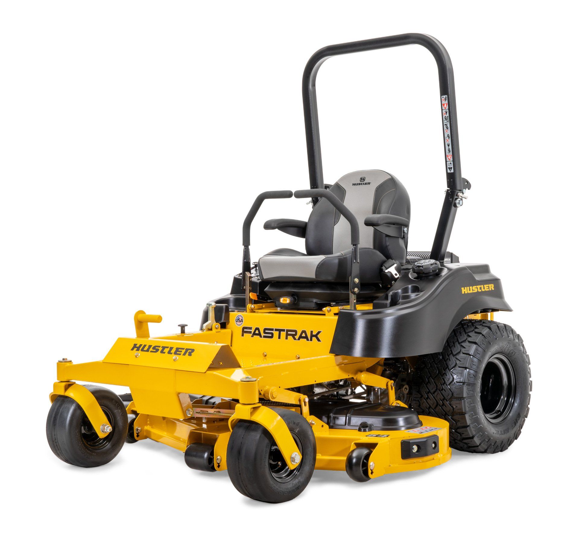 Yellow and black Hustler Fastrak zero-turn riding lawnmower on a white background.