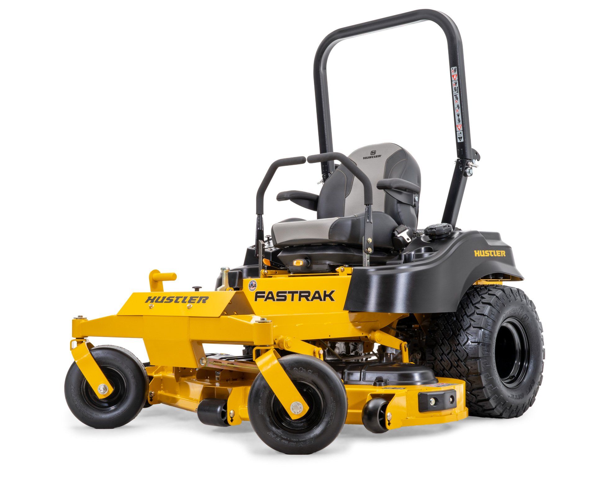 Yellow and black Hustler Fastrak zero-turn riding lawnmower on a white background.