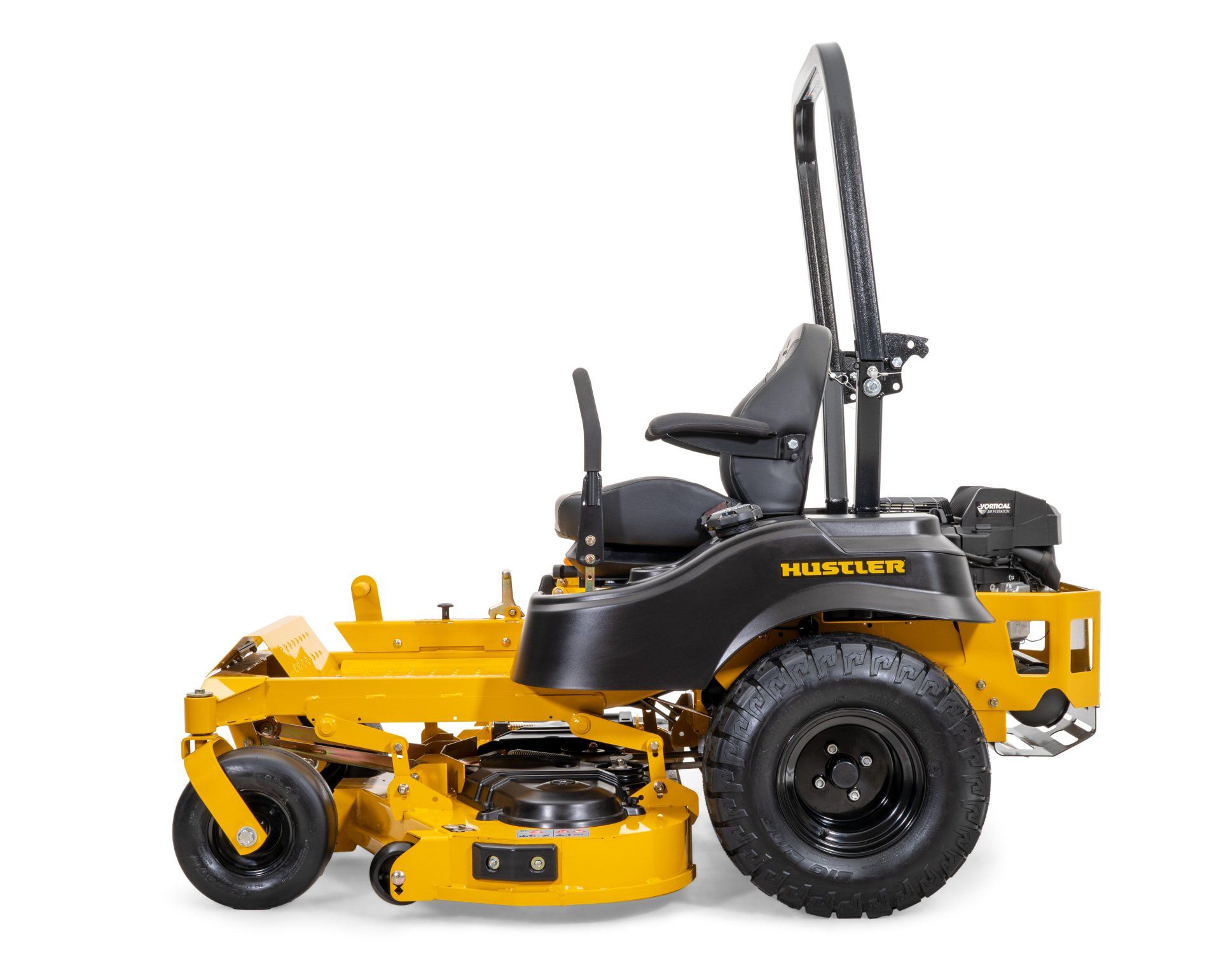 Yellow and black Hustler zero-turn lawn mower on a white background.