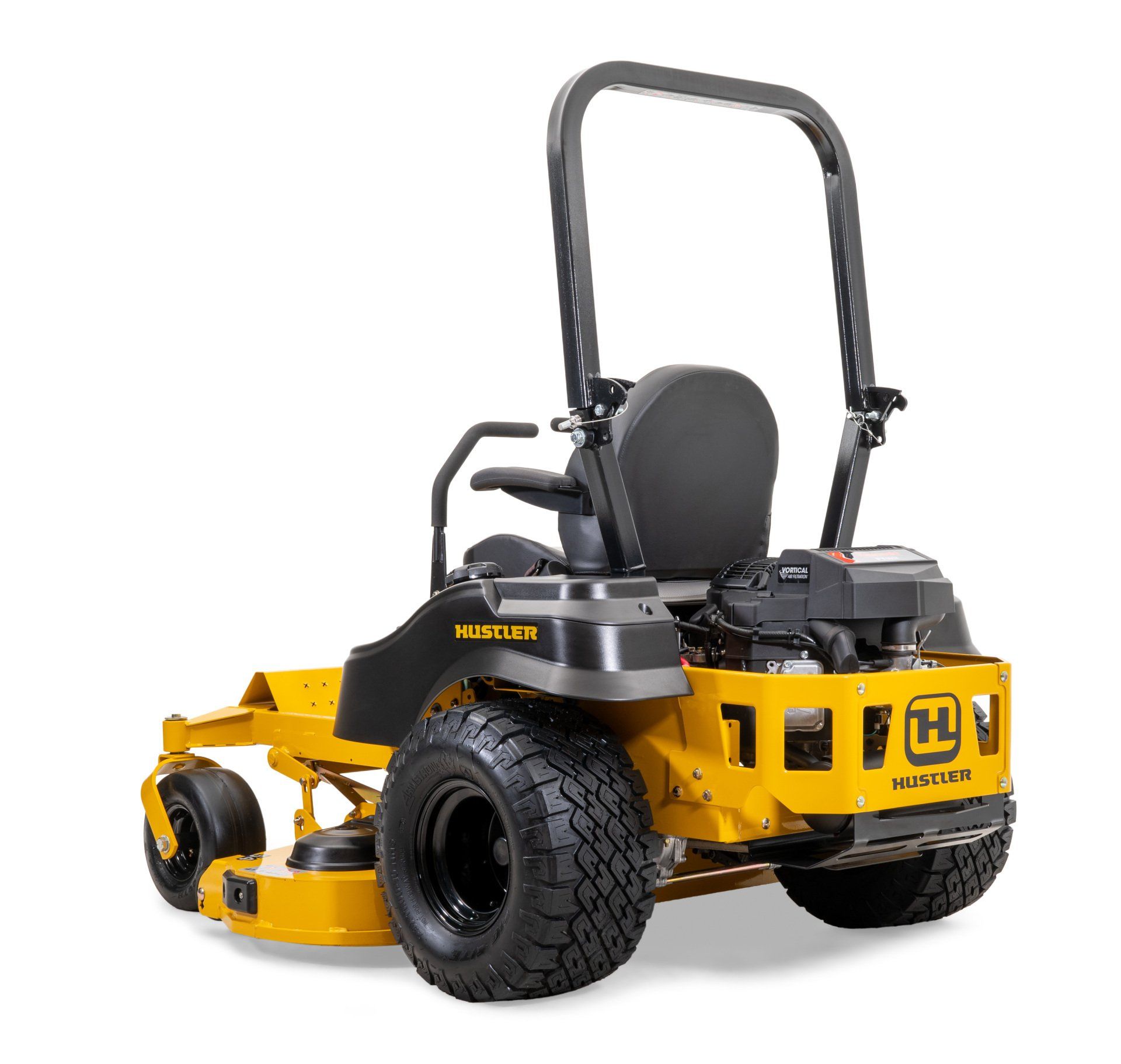 Yellow Hercules zero-turn lawnmower with black tires, seat, and handle.